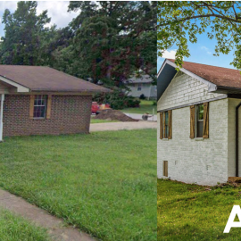 Before and after view of a house exterior showing a transition from exposed red brick to a painted white brick finish.