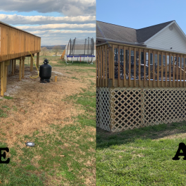 A split-screen comparison of a wooden deck before and after adding white lattice skirting.