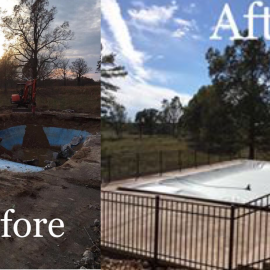 Before-and-after photos of a swimming pool construction project in a rural setting, showing the excavation and final deck.