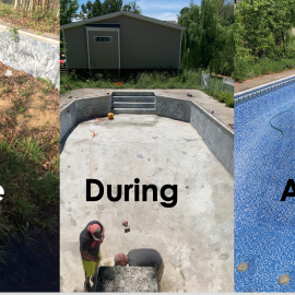 A collage showing a backyard pool transformation: an overgrown area, a pool under construction, and a finished blue pool.