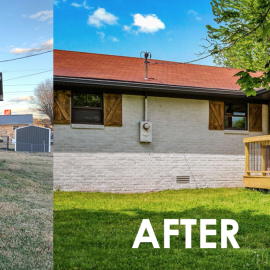 A split-screen view showing a grassy field before, and a renovated house with a red roof and wooden shutters after.