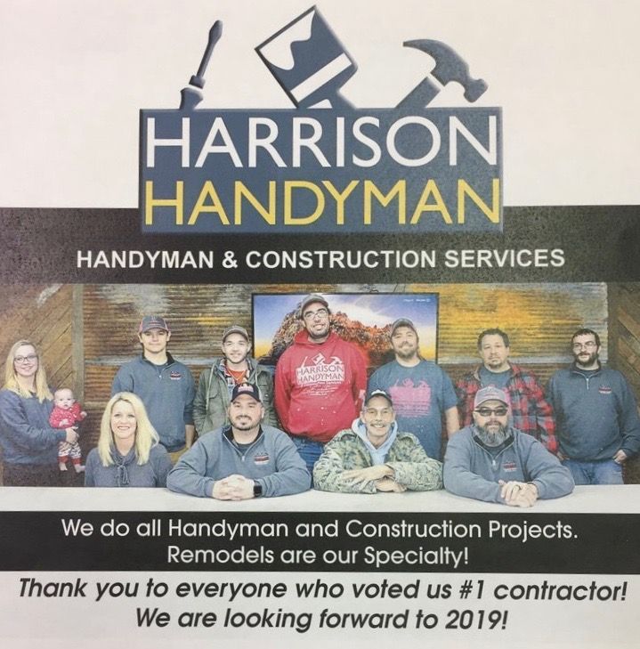 Harrison Handyman promotional flyer featuring a group of employees and text about their construction services and awards.