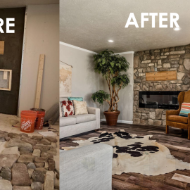 Before and after photo of a home renovation featuring a new stone fireplace, wood floors, and neutral living room decor.