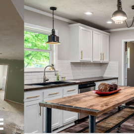 Split screen showing a kitchen renovation: a gutted, green-walled room beside the completed, modern white kitchen.