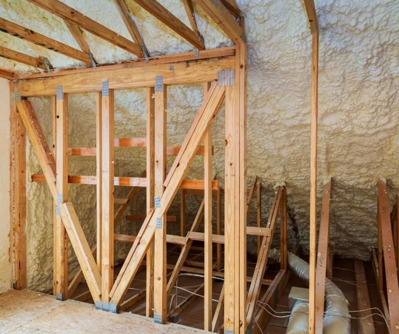 Unfinished wooden wall framing and roof rafters covered in spray foam insulation inside an attic space.