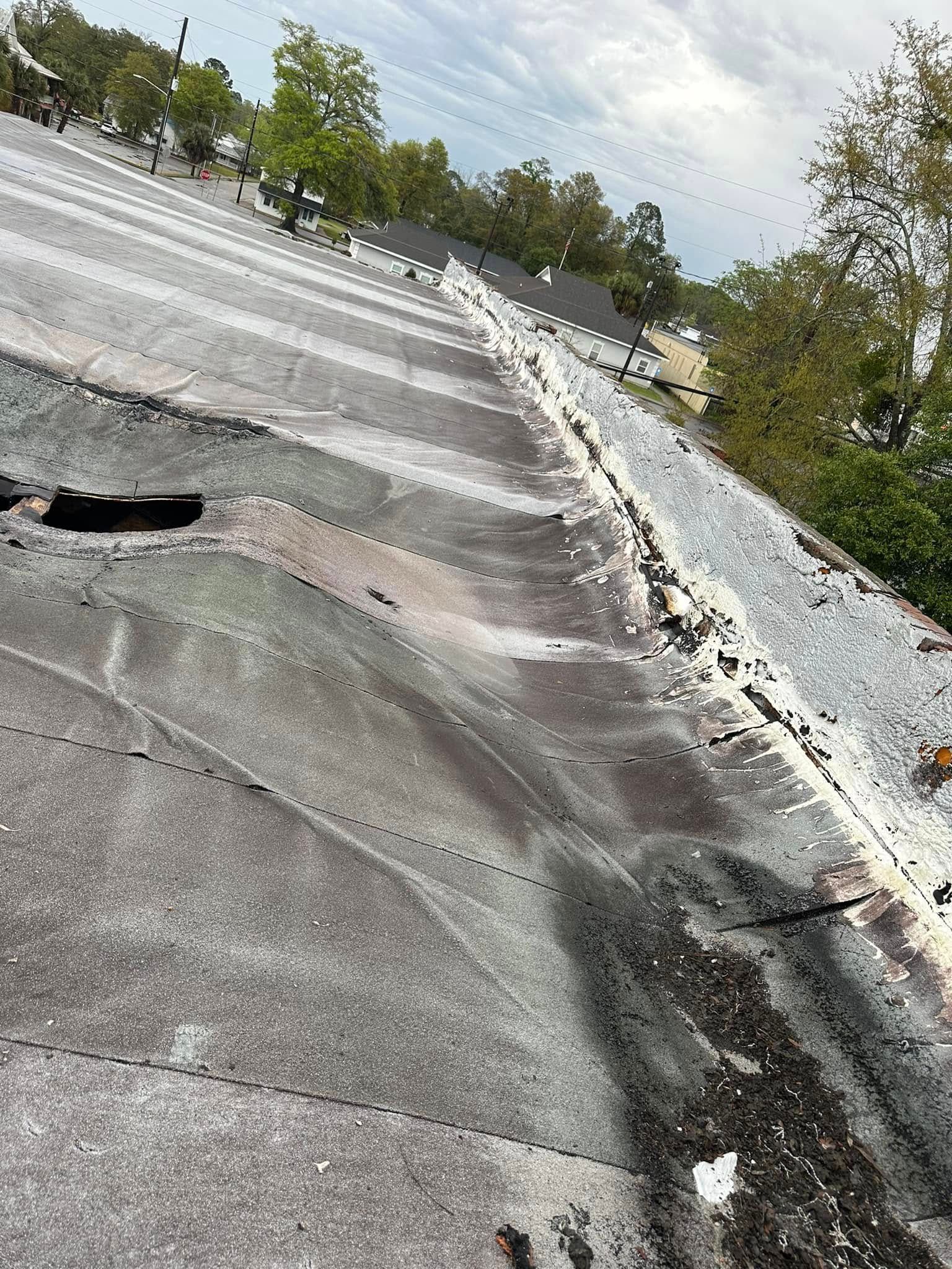 Sloped, weathered asphalt roof with moss, likely a commercial building, trees in background.