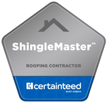 ShingleMaster Roofing Contractor badge. Gray and blue, pentagon shape with a house symbol. Endorsed by CertainTeed.