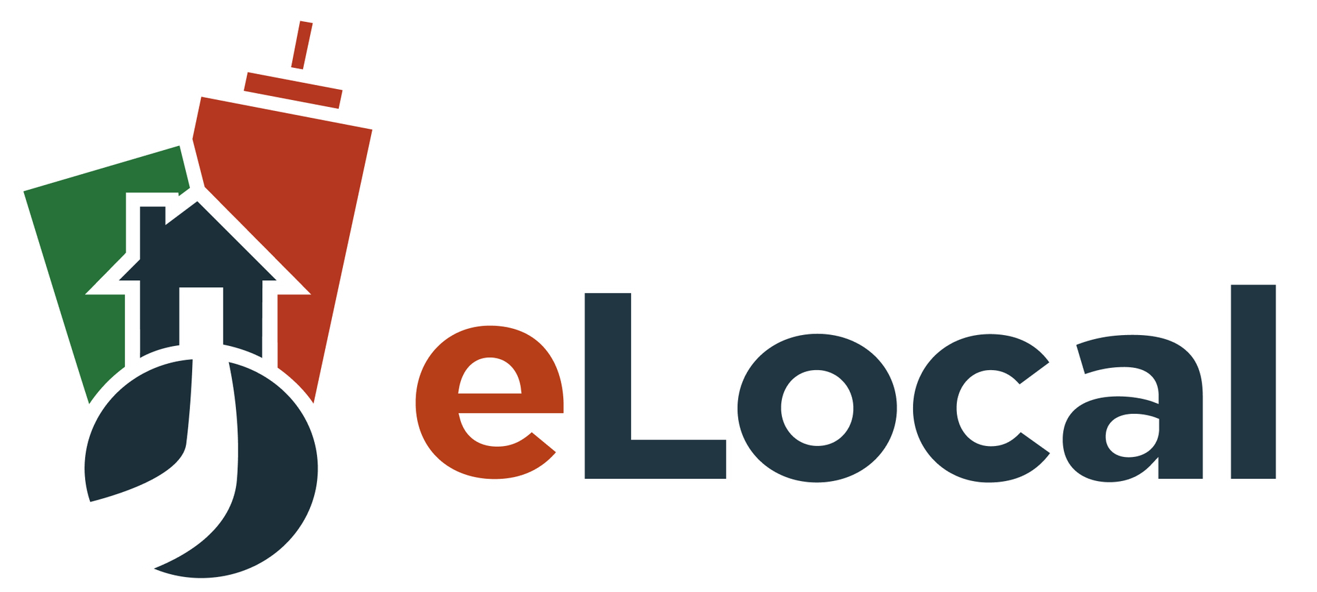 ELocal logo with stylized buildings, house, and a crescent shape.  Text