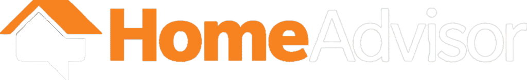 HomeAdvisor logo: Orange house icon with gray speech bubble and text.