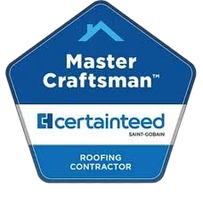 Blue pentagon-shaped CertainTeed Master Craftsman Roofing Contractor badge.