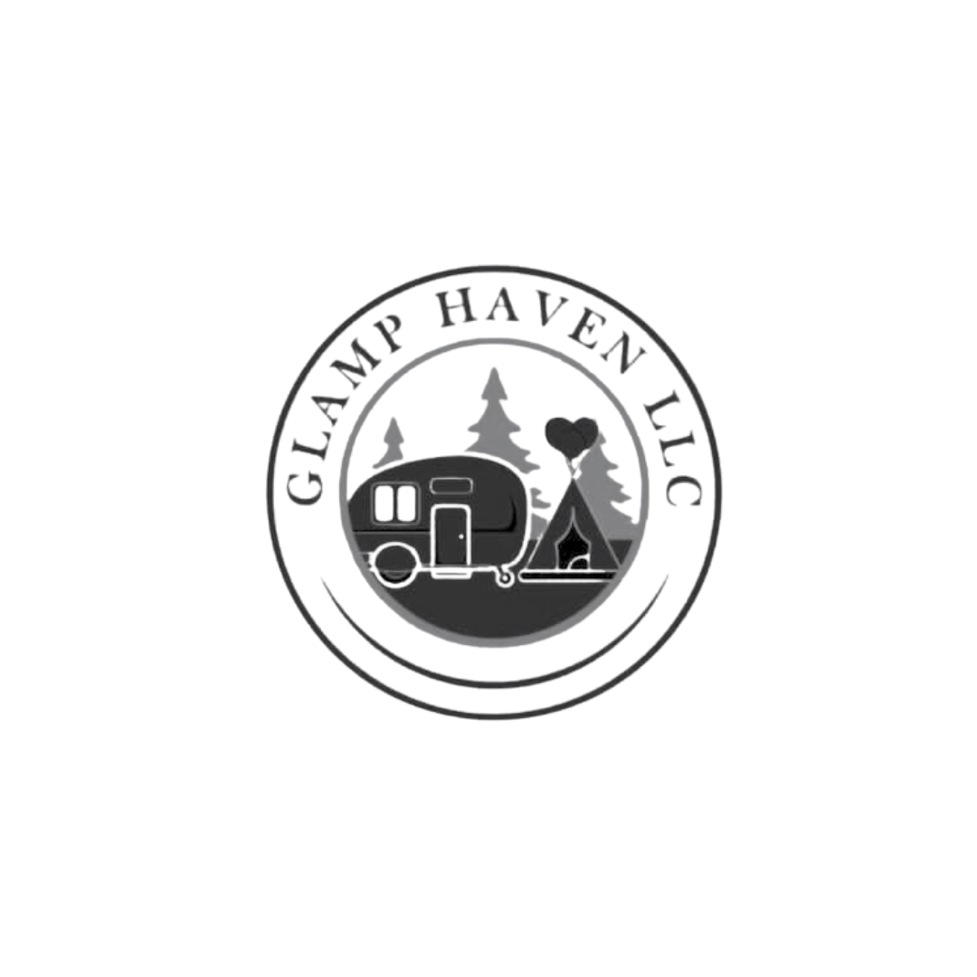A black and white logo for glamp haven llc