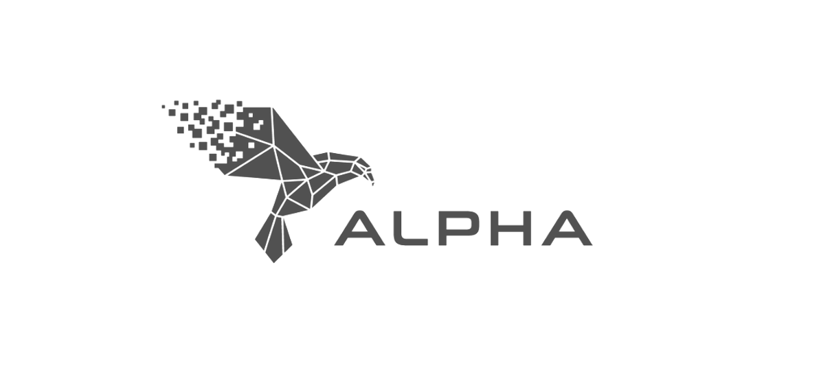 A black and white logo for alpha with a bird and the word alpha.