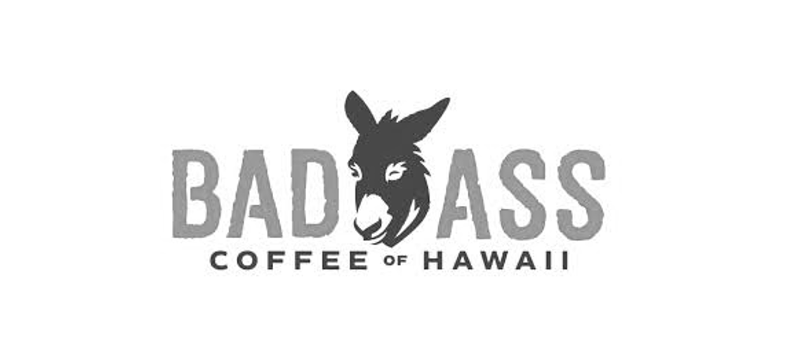 The logo for badass coffee of hawaii has a donkey on it.