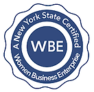 A New York State Certified Women Business Enterprise seal. Blue and white, circular design.