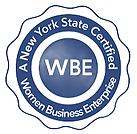A New York State Certified Women Business Enterprise seal. Blue and white, circular design.