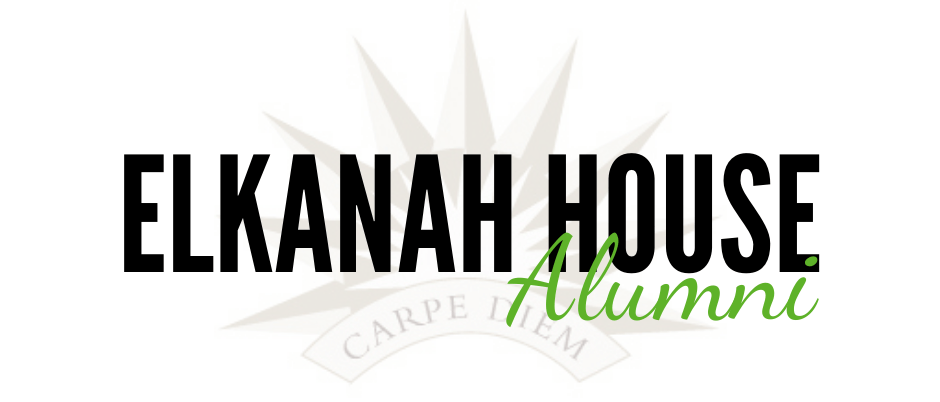 A logo for elkanah house alumni with a sun in the background