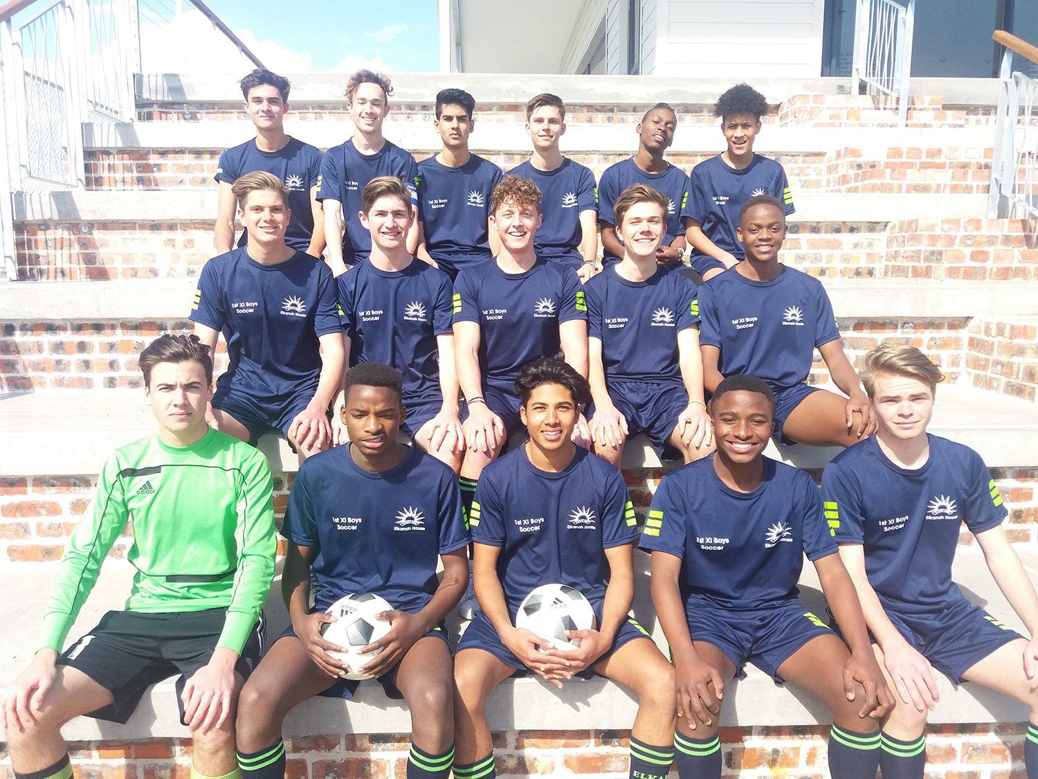 A group of young men are sitting on a bleacher holding soccer balls.