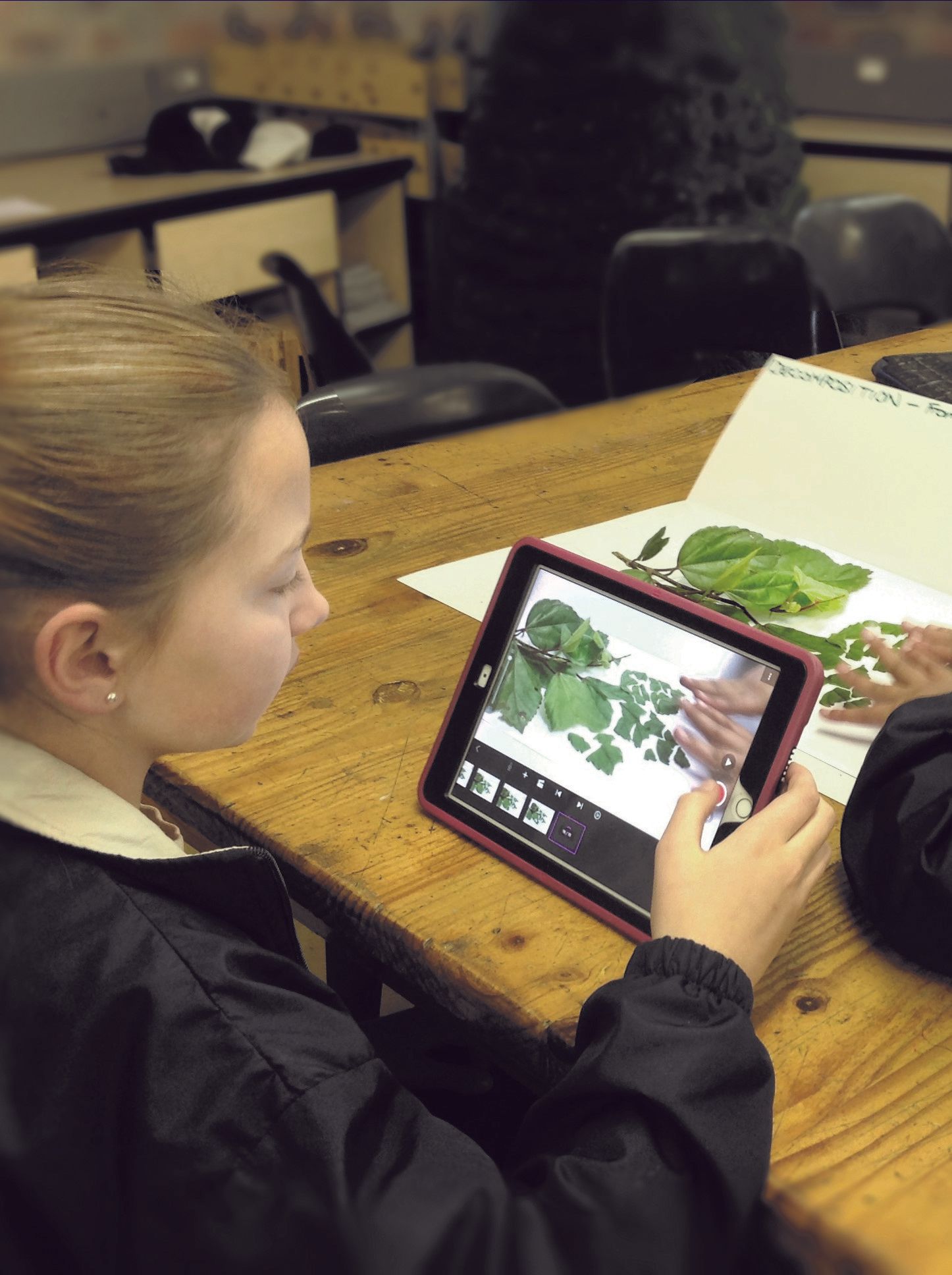 a girl is looking at a picture of a plant on a tablet .