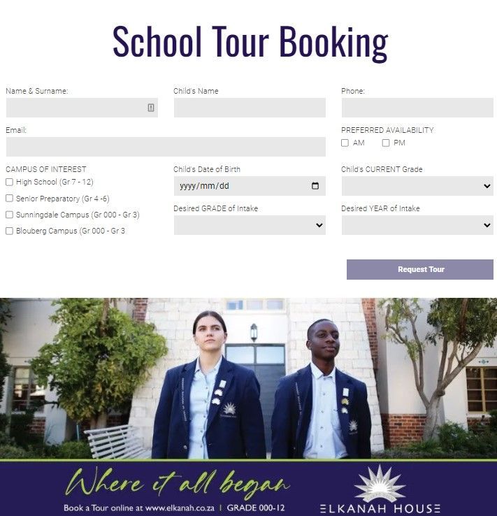 A school tour booking page with two people standing in front of a building.