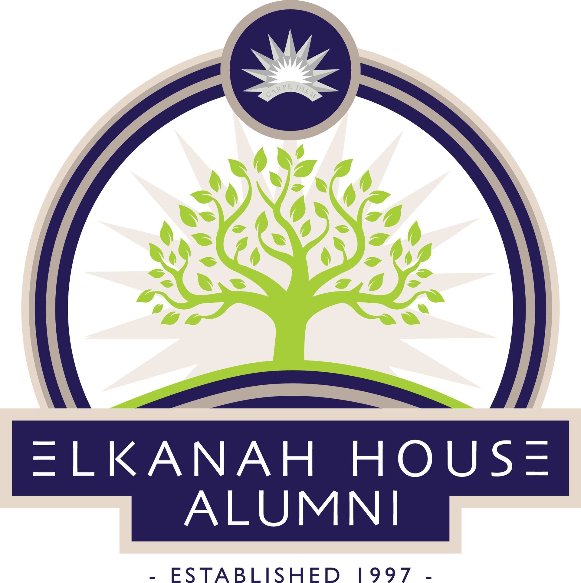 A logo for elkanah house alumni with a sun in the background