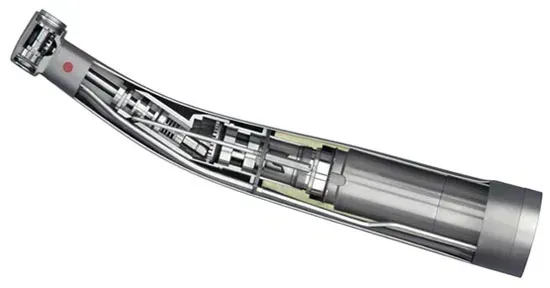 The inside of a dental drill is shown on a white background.