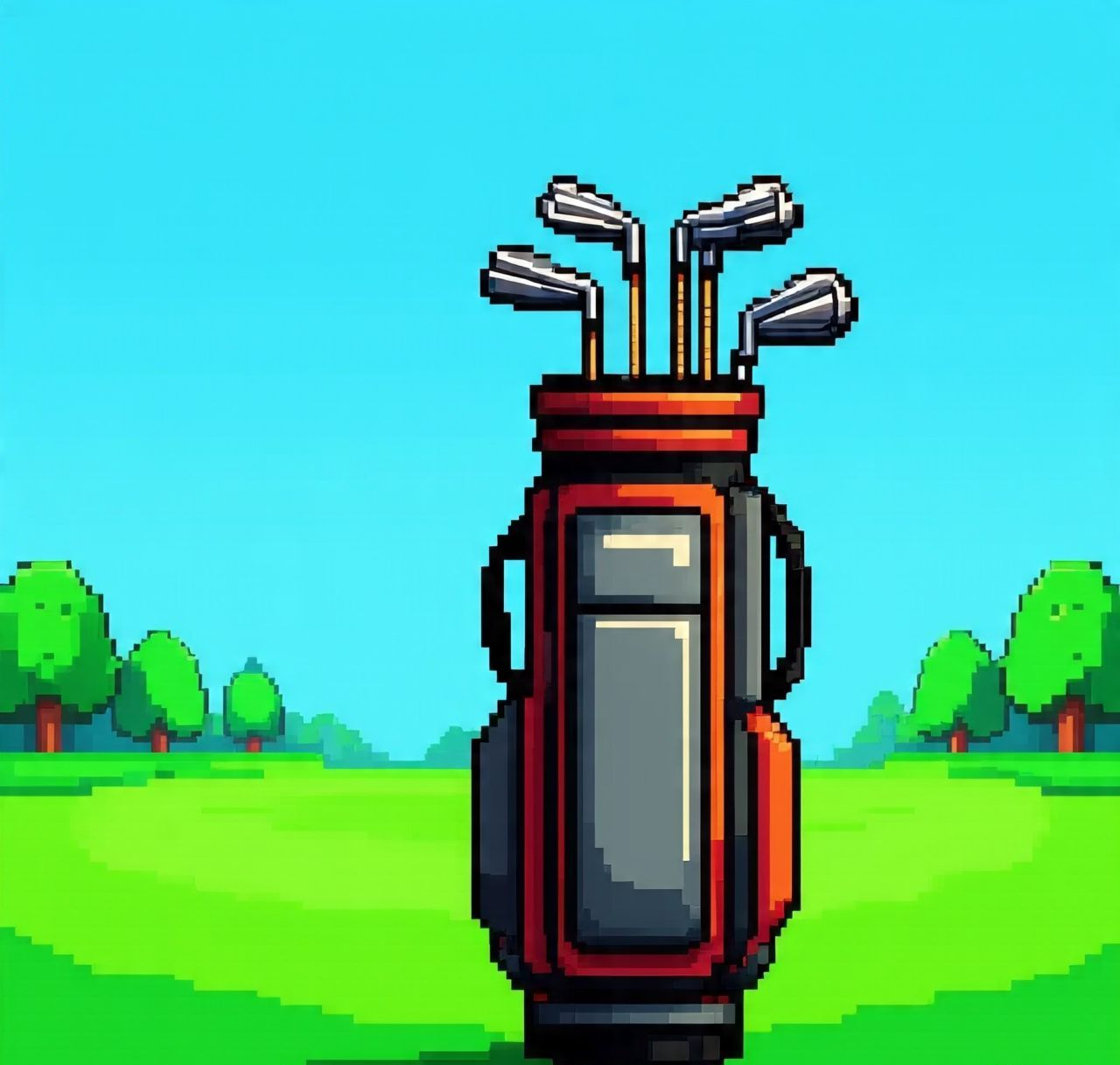 Golf bag with clubs on a green golf course with trees and a blue sky.