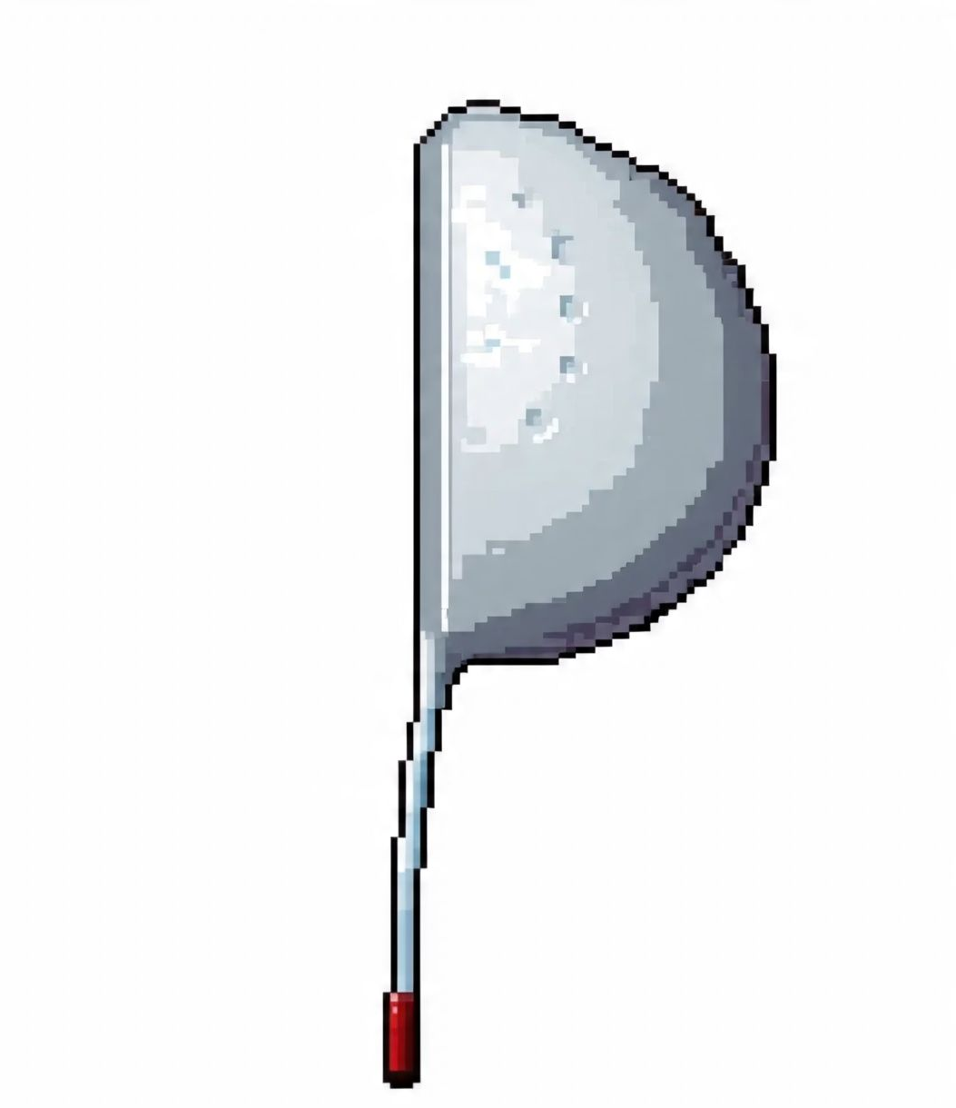 Pixelated white and silver ladle with a red handle, tilted to the side.