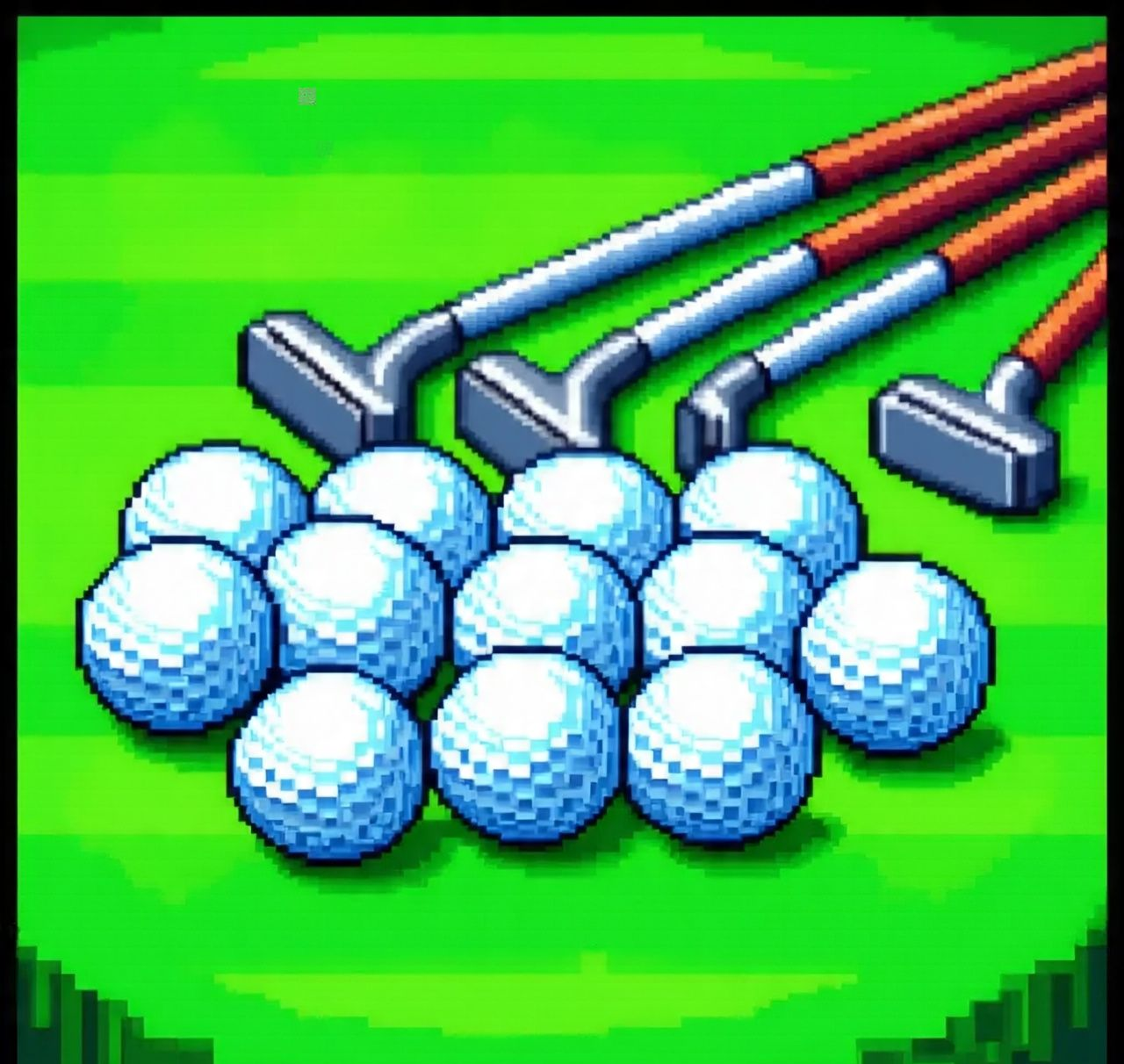 Golf balls and putters on green grass.