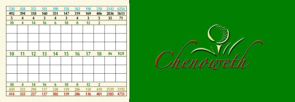 Scorecard with the Chenoweth golf course logo on green background.