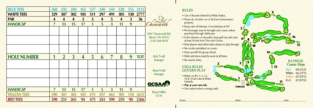 Golf course scorecard with a course map.