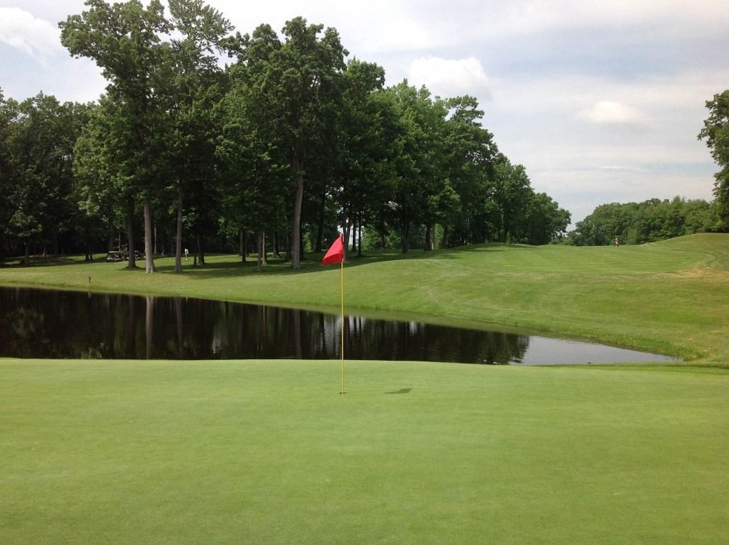 Green golf course with a red flag near trees and a pond.