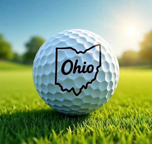 Golf ball with Ohio outline, on green grass, sunny day.