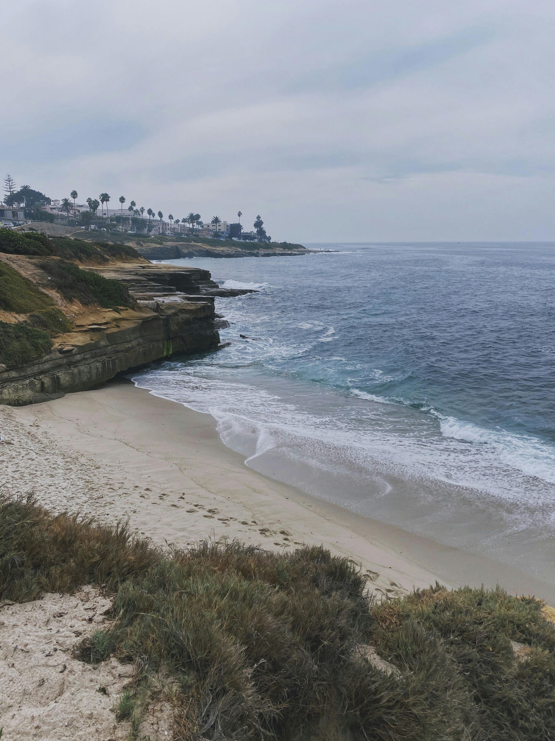A beach with waves crashing on the shore on a cloudy day.