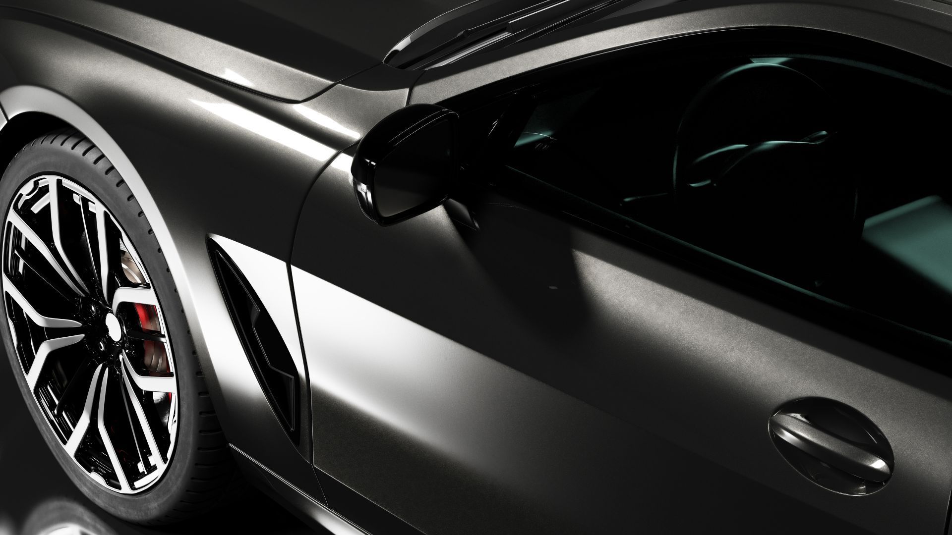 This close-up showcases the sleek details of a modern car with a matte finish in Duluth, GA. The dynamic angles of the car's body are highlighted by the contrasting glossy black side mirror and the intricate design of the alloy wheel. The sheen on the car's surface reflects the meticulous detailing work done on it. The photo captures the essence of luxury automotive design with a focus on the textures and materials that convey sophistication and high performance.