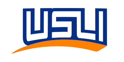 USU logo in blue with an orange swoosh underneath