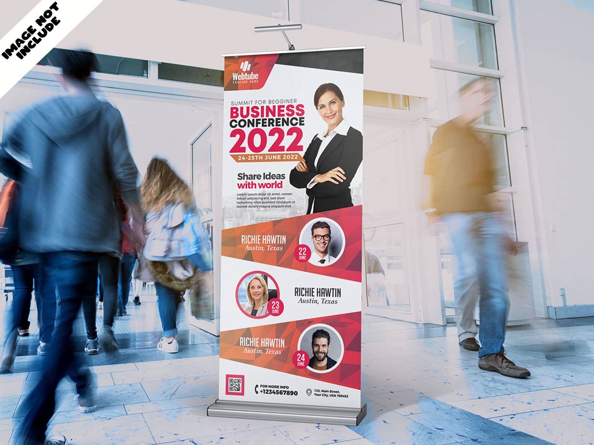 A mockup of a business conference banner with people walking in the background — Quality Printing In Port Douglas, QLD