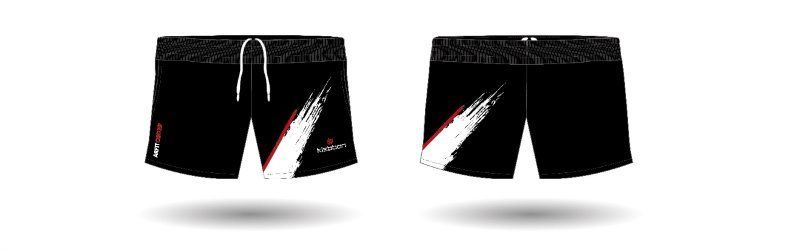 Un par de pantalones cortos negros con una raya blanca en el costado.