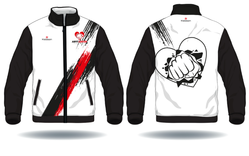 La parte delantera y trasera de una chaqueta con un puño y un corazón.