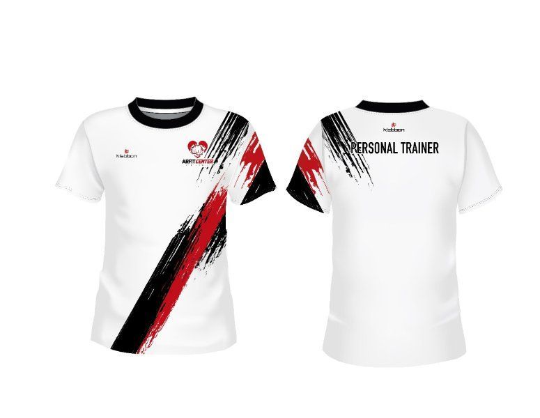 La parte delantera y trasera de una camiseta blanca con una raya roja y negra.