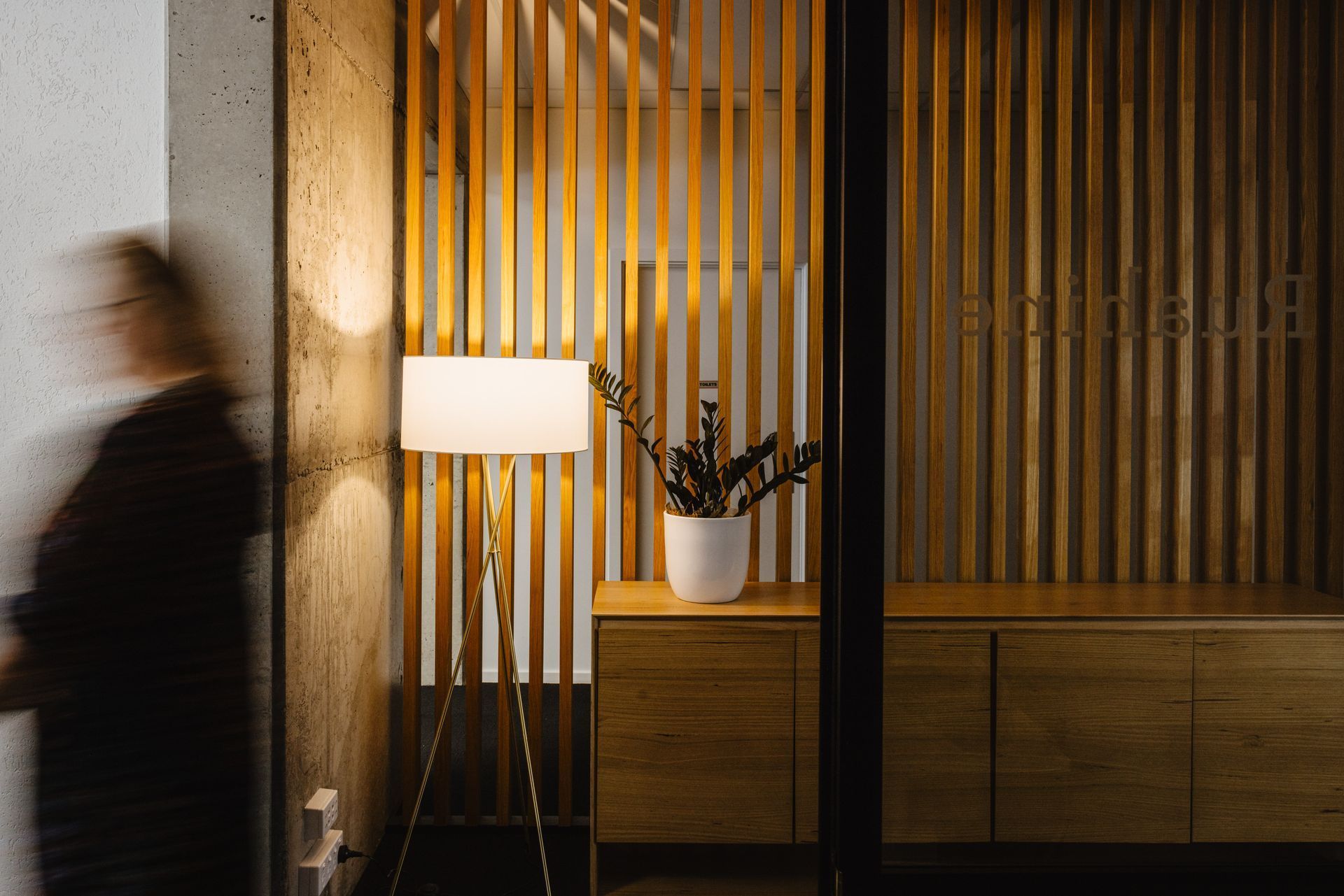 A woman is walking in a room with a lamp and a plant.