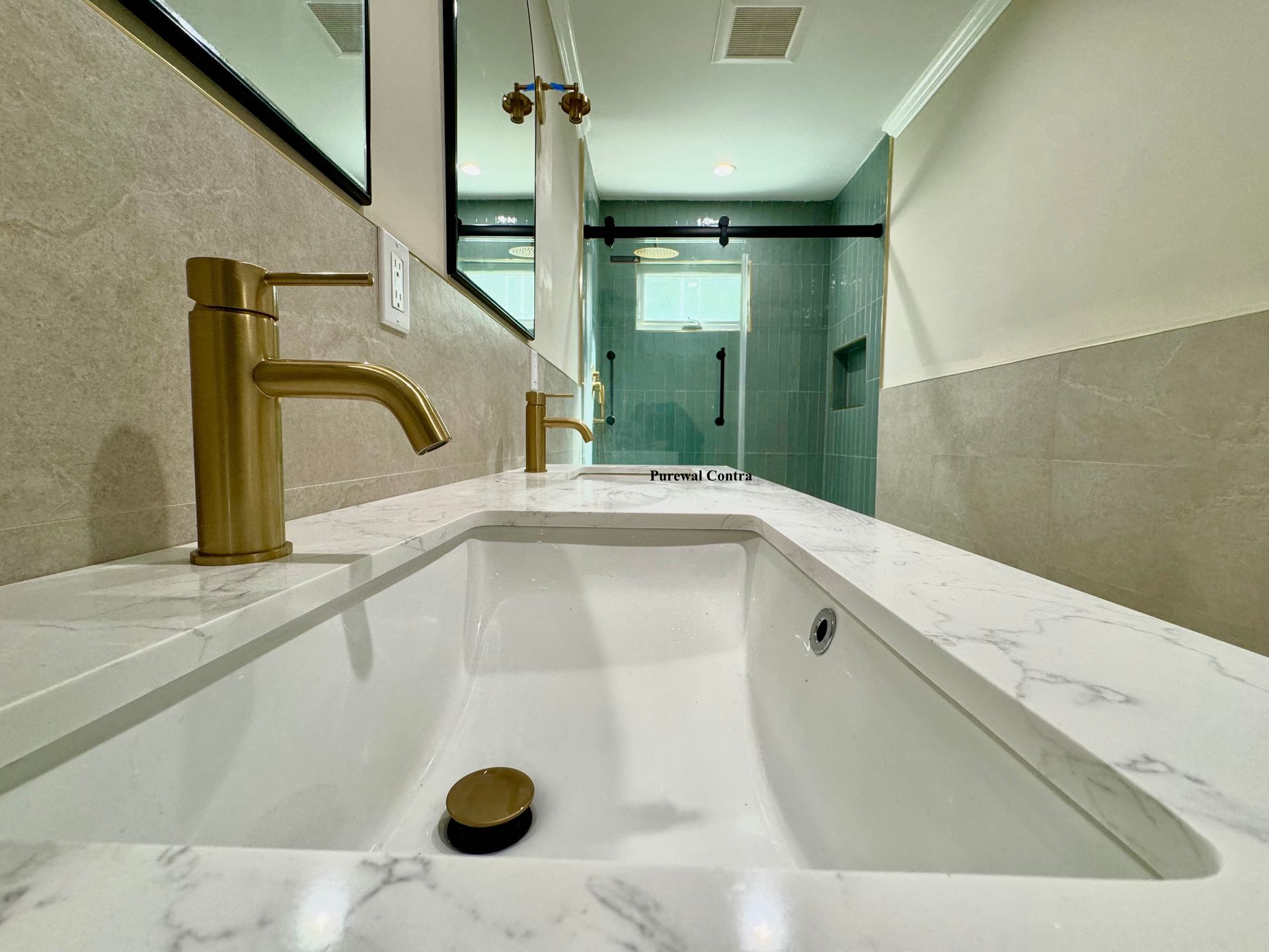bathroom in roslyn ny, new beige tile and blue tiles, complete renovation for a roslyn 