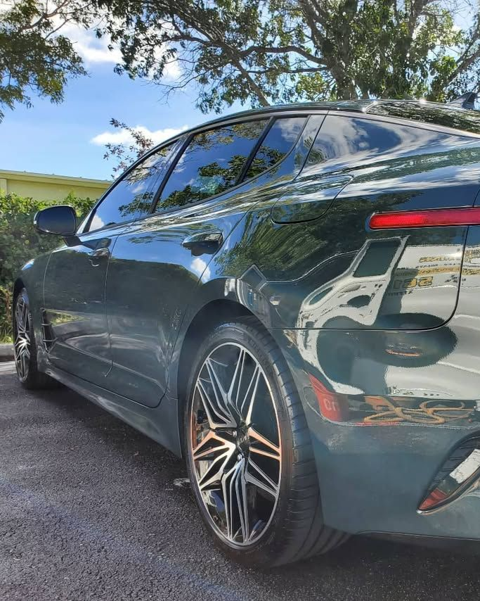 A person wearing black gloves is polishing a black car
