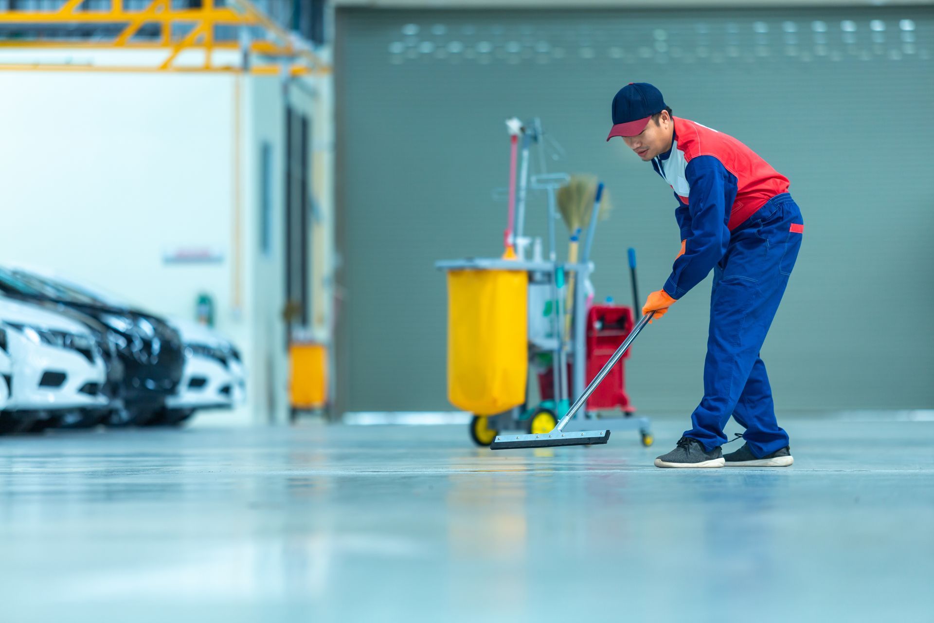 Three people cleaning an office. One vacuums, others wipe desks, all wearing aprons and gloves. Three people cleaning an office. One vacuums, others wipe desks, all wearing aprons and gloves.