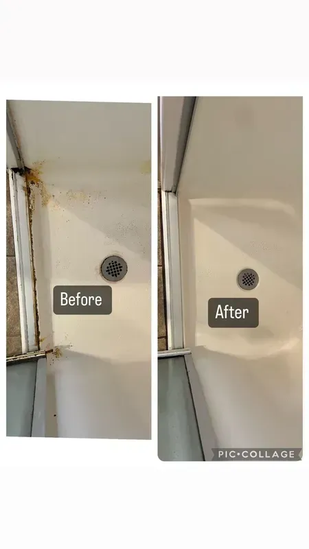 Comparison of a before-and-after shot of a shower cleaning. Before: dirty caulk, rust, and grime. After: clean and bright.