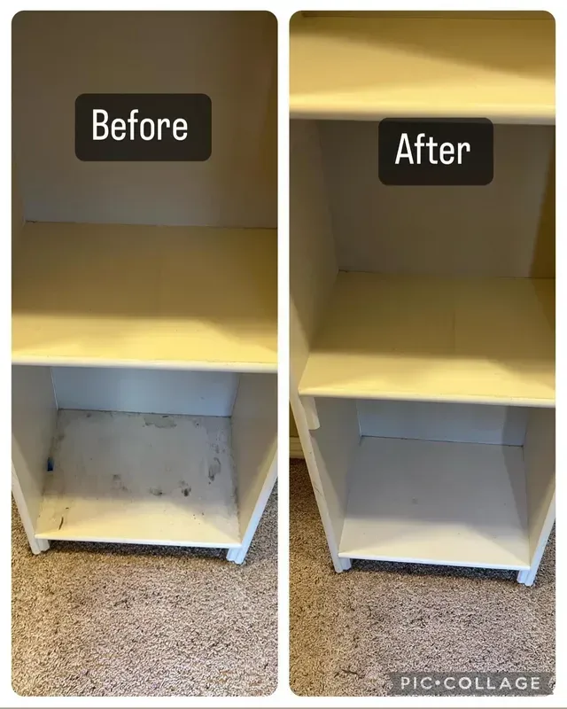 Side-by-side comparison of a white bookshelf. The 'before' shot shows dirt and the 'after' is clean.
