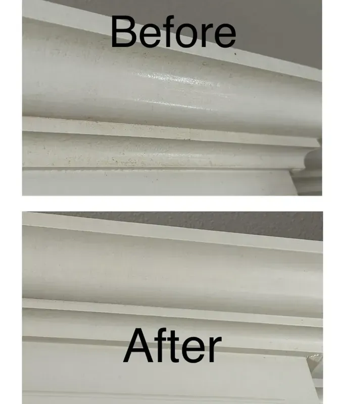 Comparison of dirty and clean white crown molding.