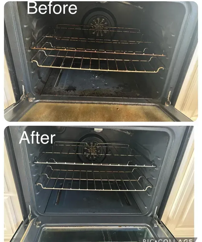 Comparison of a dirty oven interior (before) and a clean oven interior (after).