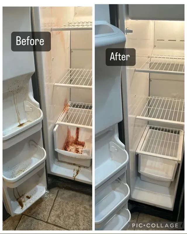Before and after photos of a refrigerator interior. The 