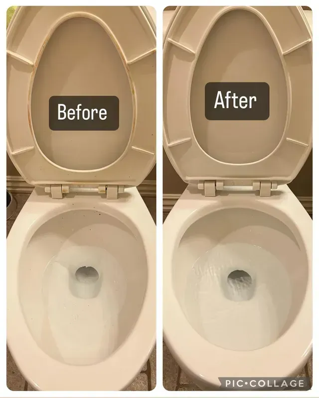 Toilet bowl before and after cleaning. The bowl and seat are white, with the rim of the bowl having a yellowish hue.
