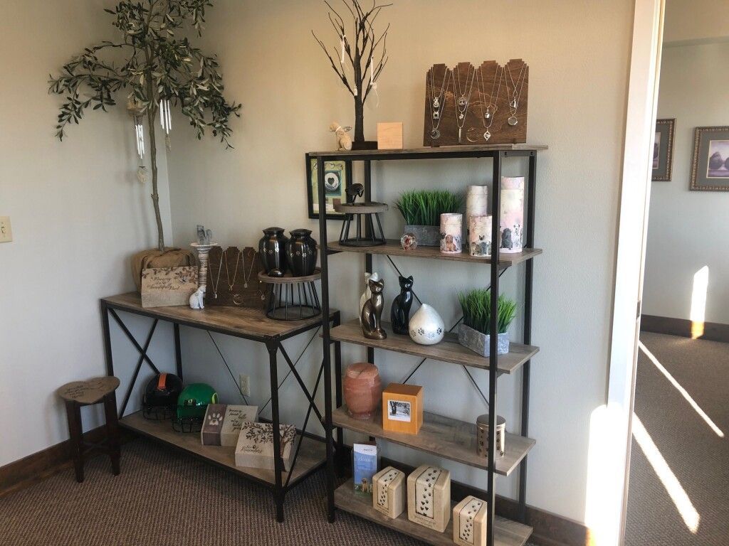 Shelves displaying decorative items in a room with a potted tree and a small stool.